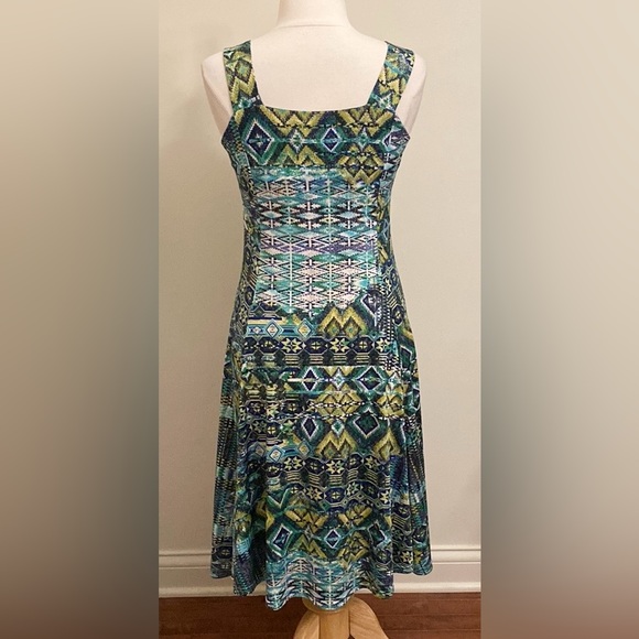 Creation Blue Turquoise Green Aztec Tribal Print Sleeveless Swing Midi Dress S - Picture 7 of 12